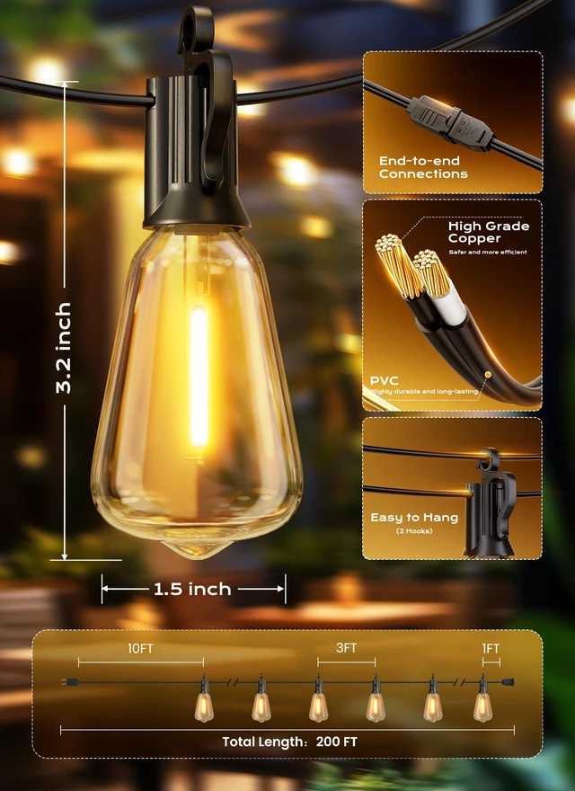 Alt view image 7 of 7 - Outdoor String Lights, 200FT 64+2 LED ST38 LED Patio Lights Shatterproof, Dimmable IP65 Waterproof Connectable Hanging Outdoor Light for Backyard, Porch, Deck, Balcony