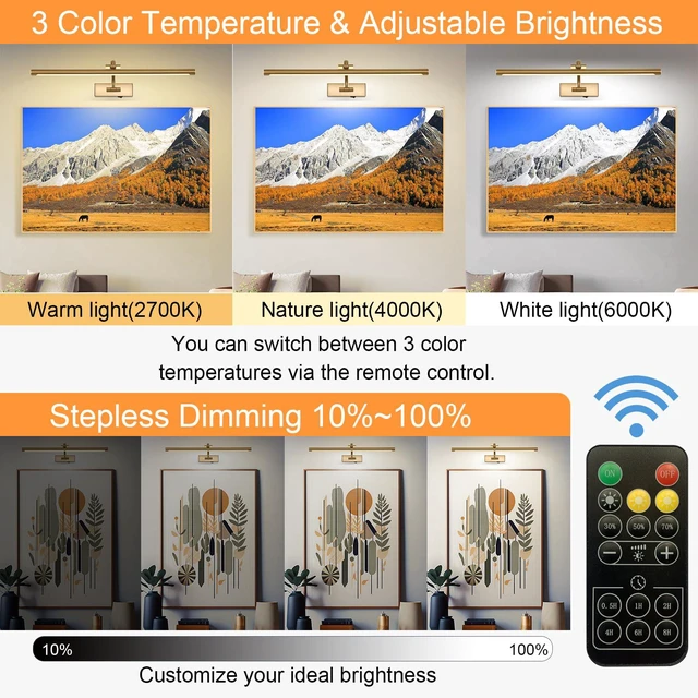 Alt view image 2 of 7 - Picture Light Battery Operated with Remote, 3CCT Dimmable Picture Light for Paintings, Brass Rechargeable 24 inch Battery Operated Wall Sconce for Art Lighting Gallery Portrait Artwork