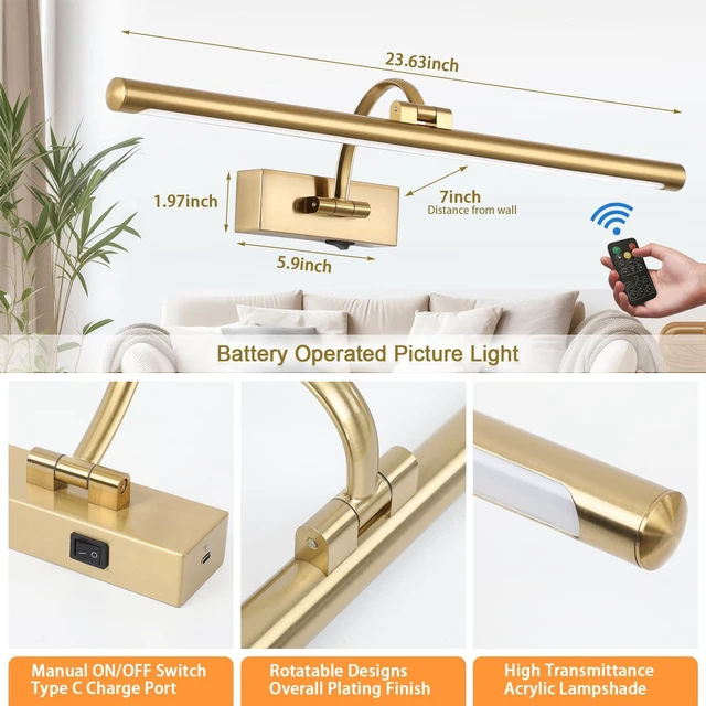 Alt view image 3 of 7 - Picture Light Battery Operated with Remote, 3CCT Dimmable Picture Light for Paintings, Brass Rechargeable 24 inch Battery Operated Wall Sconce for Art Lighting Gallery Portrait Artwork