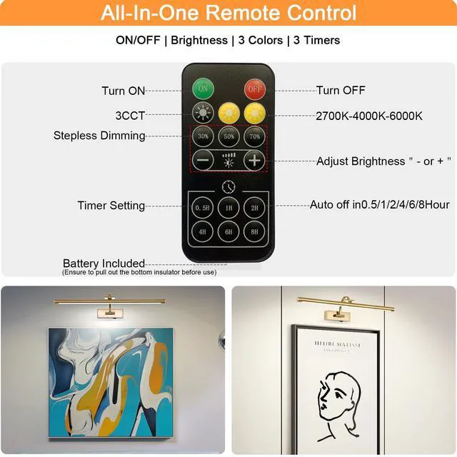 Alt view image 5 of 7 - Picture Light Battery Operated with Remote, 3CCT Dimmable Picture Light for Paintings, Brass Rechargeable 24 inch Battery Operated Wall Sconce for Art Lighting Gallery Portrait Artwork