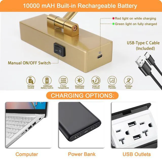 Alt view image 7 of 7 - Picture Light Battery Operated with Remote, 3CCT Dimmable Picture Light for Paintings, Brass Rechargeable 24 inch Battery Operated Wall Sconce for Art Lighting Gallery Portrait Artwork