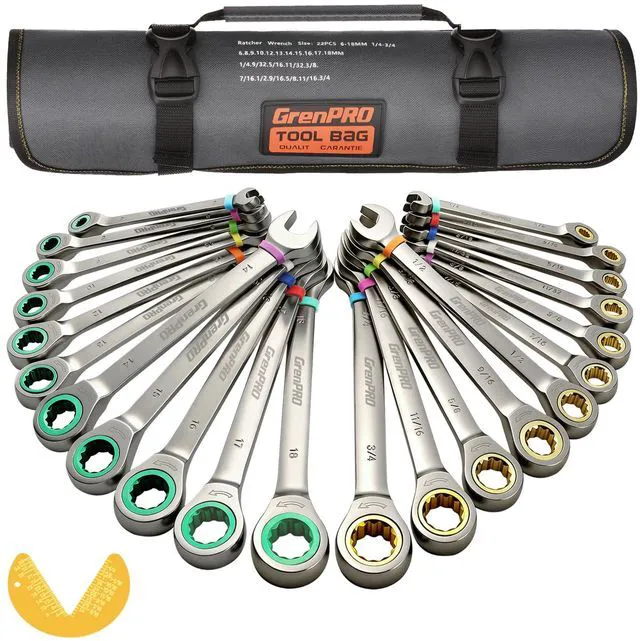 Main image of 23PCS Ratcheting Wrench Set SAE Metric Combination Mechanic Tools 1/4"-3/4"&6-18MM Bolt Gauge, Gray Nickel CR-V 72-Tooth 5-Degree Swing 12Pt Color Rings, Roll Pouch for Auto & Home Repair