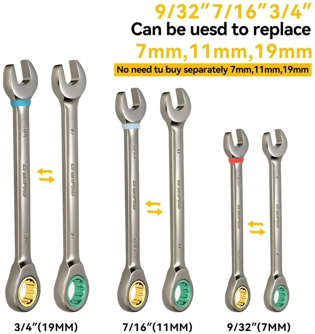 Alt view image 3 of 7 - 23PCS Ratcheting Wrench Set SAE Metric Combination Mechanic Tools 1/4"-3/4"&6-18MM Bolt Gauge, Gray Nickel CR-V 72-Tooth 5-Degree Swing 12Pt Color Rings, Roll Pouch for Auto & Home Repair