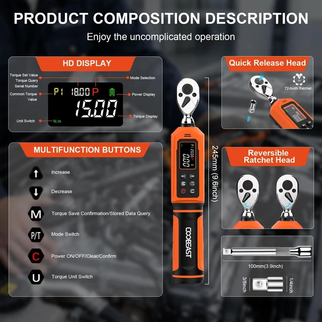 Alt view image 2 of 7 - 1/4 Drive Digital Torque Wrench,Preset Value(0.33-22.1 Ft.lbs./0.45-30Nm) Buzzer and LED Alert,±2% High Accuracy,72-Tooth, Quick Release,Reversible,Large Screen,for Bike Motorcycle,Gift for Men,DIY