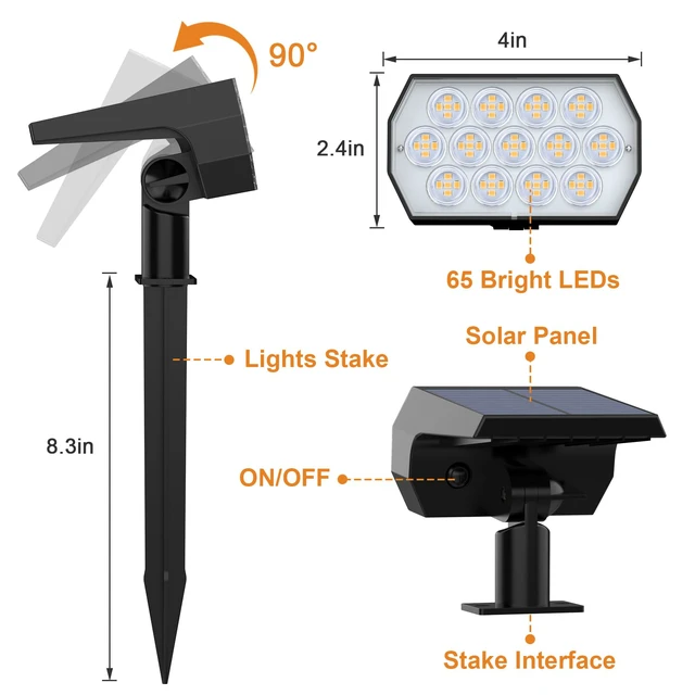 Alt view image 6 of 6 - Solar Lights Outdoor, IP68 Waterproof, 65 LED, Warm White, 10 Pack Long Lasting, 3 Lighting Modes, Auto On/Off, Adjustable Solar Panel, Solar Spot Light for Garden Landscape Yard Outside Tree