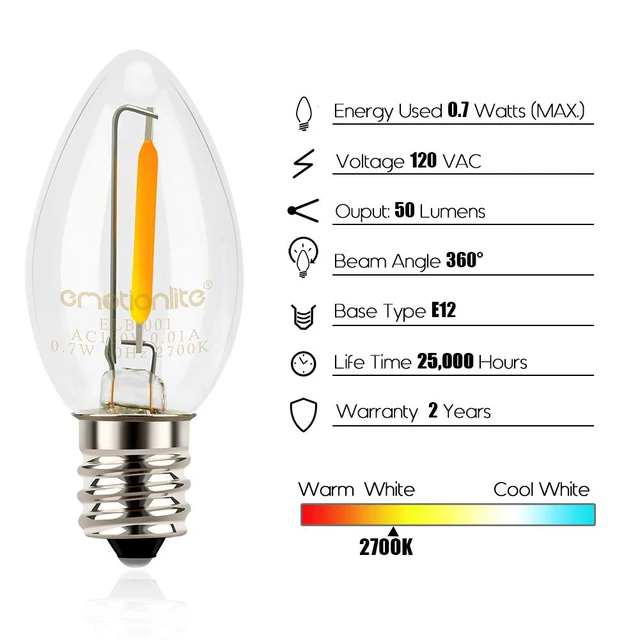 Alt view image 2 of 7 - Night Light Bulbs, C7 Candelabra Bulb, LED Light Bulbs with E12 Chandelier Base, 0.5 Watt (4W 5W 6W 7W Incandescent Equivalent), 50LM, Warm White, 2700K, Clear, 32 Pack