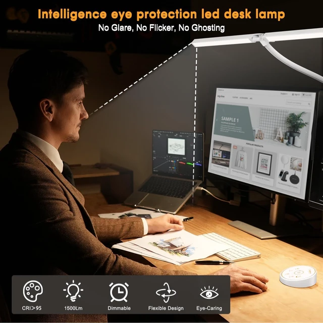 Alt view image 4 of 6 - Led Desk Lamp for Office Home - Eye Caring Architect lamp with Clamp,Dual Screen Computer Monitor Work Smart Light: 24W 5 Color Flexible Adjustable Lighting Table Lamp for Study White