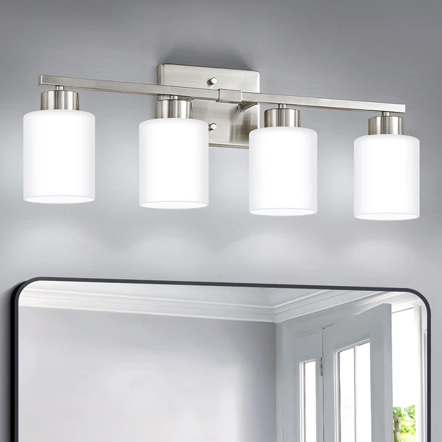 Main image of Brushed Nickel Bathroom Light Fixtures Vanity Lights Over Mirror Modern 4-Light Lighting Fixtures for Bathroom With Milky White Frosted Glass Shades, E26 Socket (Bulbs Not Included)