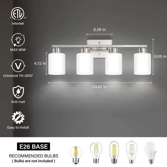 Alt view image 2 of 7 - Brushed Nickel Bathroom Light Fixtures Vanity Lights Over Mirror Modern 4-Light Lighting Fixtures for Bathroom With Milky White Frosted Glass Shades, E26 Socket (Bulbs Not Included)