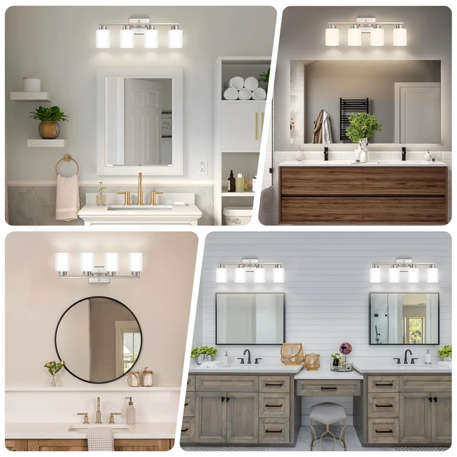 Alt view image 3 of 7 - Brushed Nickel Bathroom Light Fixtures Vanity Lights Over Mirror Modern 4-Light Lighting Fixtures for Bathroom With Milky White Frosted Glass Shades, E26 Socket (Bulbs Not Included)