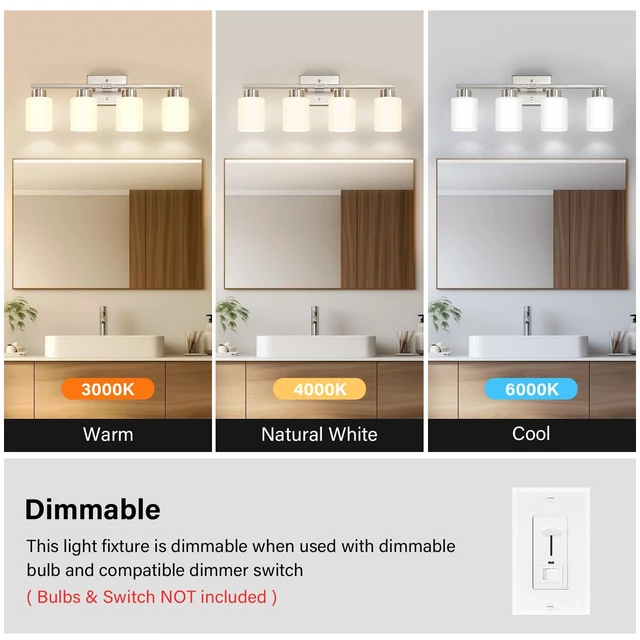 Alt view image 5 of 7 - Brushed Nickel Bathroom Light Fixtures Vanity Lights Over Mirror Modern 4-Light Lighting Fixtures for Bathroom With Milky White Frosted Glass Shades, E26 Socket (Bulbs Not Included)