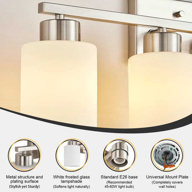 Alt view image 6 of 7 - Brushed Nickel Bathroom Light Fixtures Vanity Lights Over Mirror Modern 4-Light Lighting Fixtures for Bathroom With Milky White Frosted Glass Shades, E26 Socket (Bulbs Not Included)