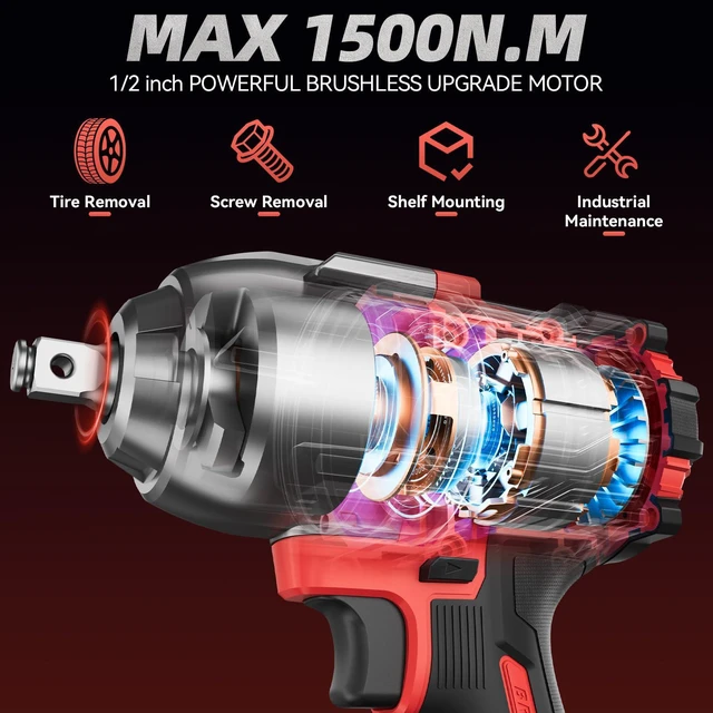 Alt view image 2 of 7 - 1/2" Cordless Impact Wrench 1107Ft-lbs(1500N.m) with 21V 2 Battery Brushless High Torque 1/2 Impact Gun, 3-Mode Speed, Electric Impact Driver with 4 Socket for Home Car Pickup Truck RV Mower
