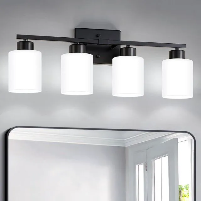 Main image of Black Bathroom Light Fixtures Vanity Lights Over Mirror Modern 4-Light Lighting Fixtures for Bathroom With Milky White Frosted Glass Shades, E26 Socket (Bulbs Not Included)