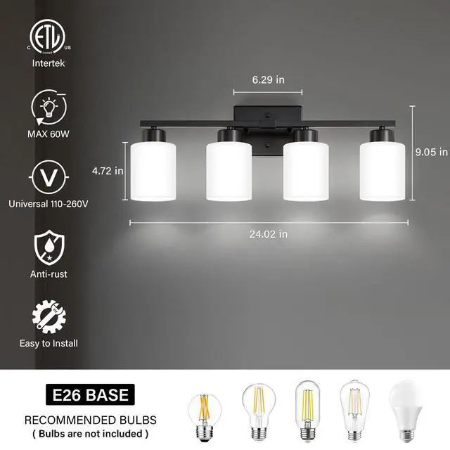 Alt view image 2 of 7 - Black Bathroom Light Fixtures Vanity Lights Over Mirror Modern 4-Light Lighting Fixtures for Bathroom With Milky White Frosted Glass Shades, E26 Socket (Bulbs Not Included)