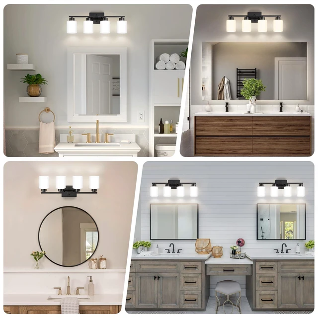 Alt view image 3 of 7 - Black Bathroom Light Fixtures Vanity Lights Over Mirror Modern 4-Light Lighting Fixtures for Bathroom With Milky White Frosted Glass Shades, E26 Socket (Bulbs Not Included)