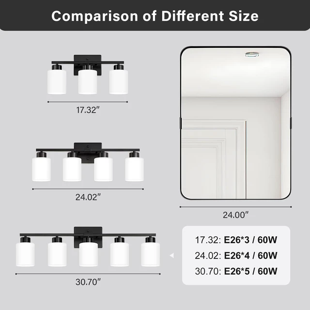 Alt view image 7 of 7 - Black Bathroom Light Fixtures Vanity Lights Over Mirror Modern 4-Light Lighting Fixtures for Bathroom With Milky White Frosted Glass Shades, E26 Socket (Bulbs Not Included)
