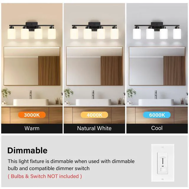 Alt view image 4 of 7 - Black Bathroom Light Fixtures Vanity Lights Over Mirror Modern 4-Light Lighting Fixtures for Bathroom With Milky White Frosted Glass Shades, E26 Socket (Bulbs Not Included)