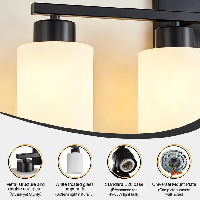 Alt view image 6 of 7 - Black Bathroom Light Fixtures Vanity Lights Over Mirror Modern 4-Light Lighting Fixtures for Bathroom With Milky White Frosted Glass Shades, E26 Socket (Bulbs Not Included)