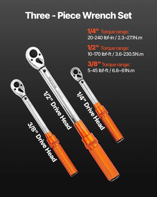 Alt view image 2 of 7 - 1/4 3/8 1/2 Inch Drive Torque Wrench, 3Pcs Click Torque Wrench Set 20-240IN-LB, 5-45FT-LB, 10-170FT-LB, Dual-Direction Adjustable 72 Tooth for Bicycle, Moto and Car Maintenance