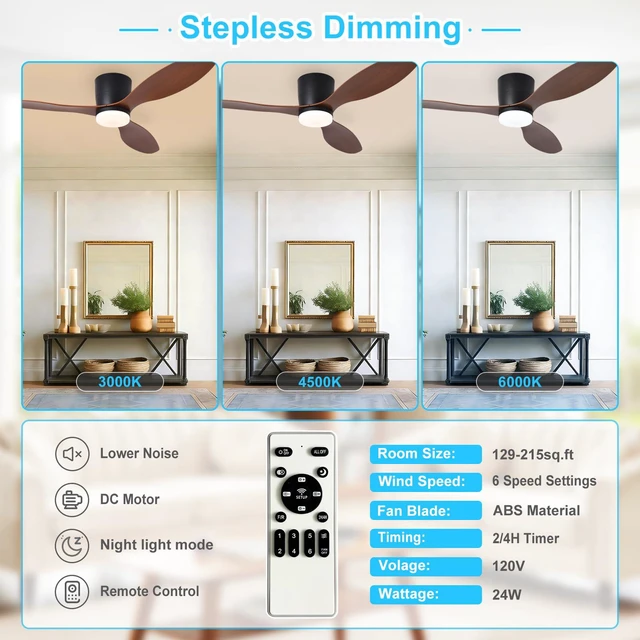 Alt view image 3 of 7 - Flush Mount Ceiling Fan: 52-Inch Black Ceiling Fans with Lights for Bedroom Indoor Outdoor - Low Profile Ceiling Fans with Remote Control 24W 3CCT Dimmable 3 Reversible Walnut Blades 6 Speeds