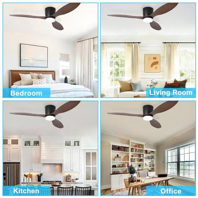 Alt view image 4 of 7 - Flush Mount Ceiling Fan: 52-Inch Black Ceiling Fans with Lights for Bedroom Indoor Outdoor - Low Profile Ceiling Fans with Remote Control 24W 3CCT Dimmable 3 Reversible Walnut Blades 6 Speeds