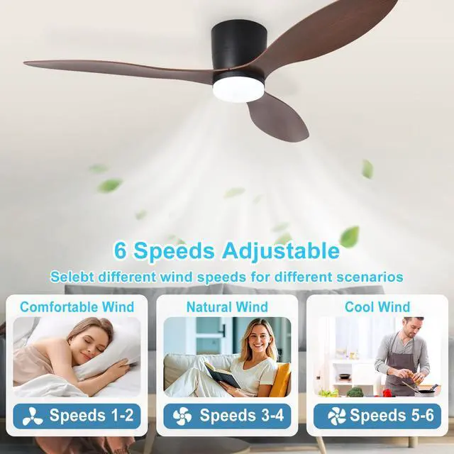 Alt view image 5 of 7 - Flush Mount Ceiling Fan: 52-Inch Black Ceiling Fans with Lights for Bedroom Indoor Outdoor - Low Profile Ceiling Fans with Remote Control 24W 3CCT Dimmable 3 Reversible Walnut Blades 6 Speeds