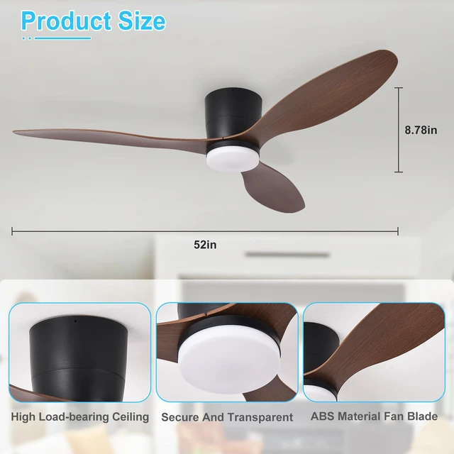 Alt view image 6 of 7 - Flush Mount Ceiling Fan: 52-Inch Black Ceiling Fans with Lights for Bedroom Indoor Outdoor - Low Profile Ceiling Fans with Remote Control 24W 3CCT Dimmable 3 Reversible Walnut Blades 6 Speeds