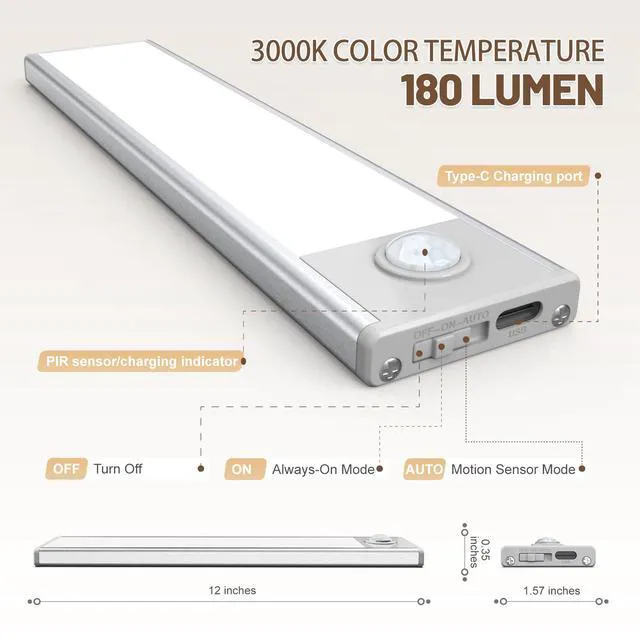 Alt view image 3 of 7 - 12 inch Under Cabinet Lighting, 6 Pack Motion Sensor Light Indoor Rechargeable Magnetic Closet Lights Battery Operated, Under Counter Lights for Kitchen, Wardrobe, Hallway, Stairs Warm White Light
