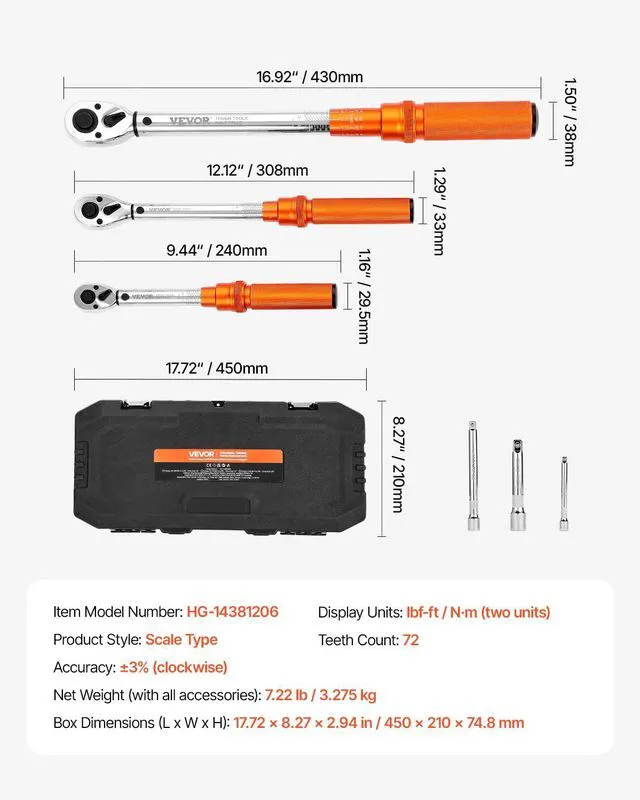 Alt view image 7 of 7 - 1/4 3/8 1/2 Inch Drive Torque Wrench, 3Pcs Click Torque Wrench Set 20-240IN-LB, 5-45FT-LB, 10-170FT-LB, Dual-Direction Adjustable 72 Tooth for Bicycle, Moto and Car Maintenance