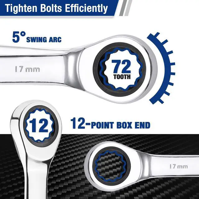 Alt view image 4 of 7 - 22 PCS Ratchet Combination Wrench Set with Tool Box, Mirror Polish with Organizer Box, Metric 6-18mm & SAE 1/4-3/4", 72-Teeth, For Home Project, Auto Repair, Plumbing, Construction, Machinery