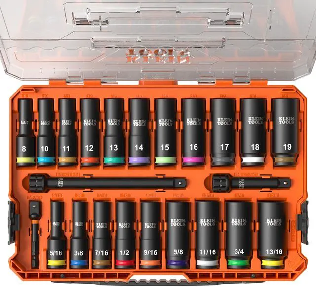 Main image of 65121IMPCT KNECT Deep-Well 3/8-Inch Drive Impact Socket Set, SAE and Metric, 23-Piece Tool Set, Impact Driver Adapter, Multi-Purpose Wrench Adapter, Color-Coded, MODbox Socket Organizer