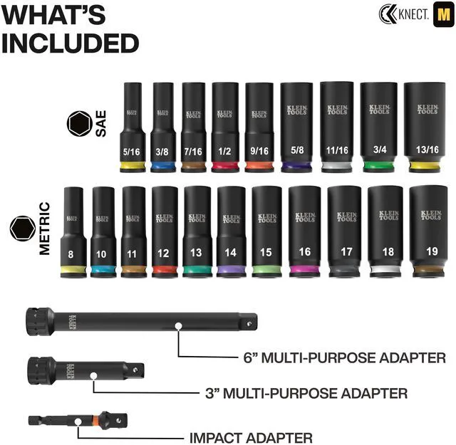 Alt view image 2 of 7 - 65121IMPCT KNECT Deep-Well 3/8-Inch Drive Impact Socket Set, SAE and Metric, 23-Piece Tool Set, Impact Driver Adapter, Multi-Purpose Wrench Adapter, Color-Coded, MODbox Socket Organizer
