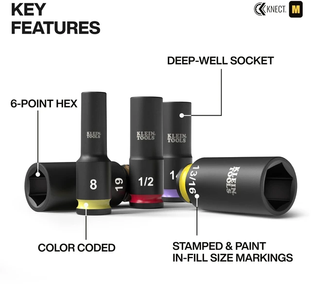 Alt view image 3 of 7 - 65121IMPCT KNECT Deep-Well 3/8-Inch Drive Impact Socket Set, SAE and Metric, 23-Piece Tool Set, Impact Driver Adapter, Multi-Purpose Wrench Adapter, Color-Coded, MODbox Socket Organizer