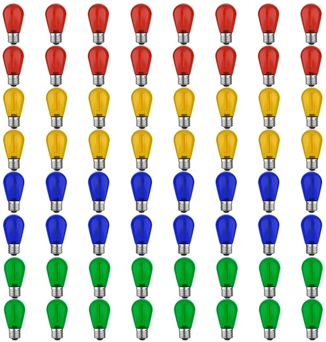 Main image of Colored Light Bulbs 64 Pack, S14 Bulbs for Outdoor String Lights 1W Waterproof Multi-Color LED Edison Replacement Bulbs for Patio Porch Backyard Party Light, E26 Base, Red/Green/Blue/Orange