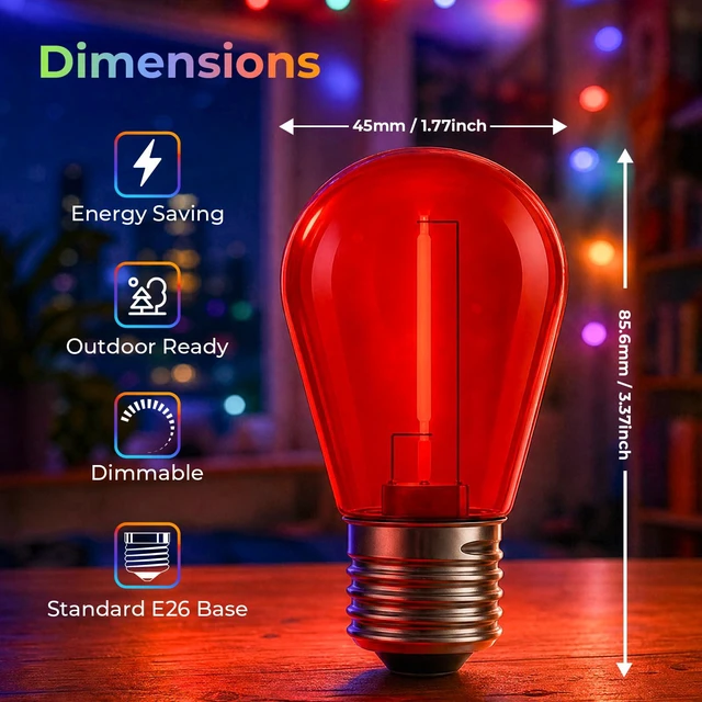 Alt view image 5 of 7 - Colored Light Bulbs 64 Pack, S14 Bulbs for Outdoor String Lights 1W Waterproof Multi-Color LED Edison Replacement Bulbs for Patio Porch Backyard Party Light, E26 Base, Red/Green/Blue/Orange