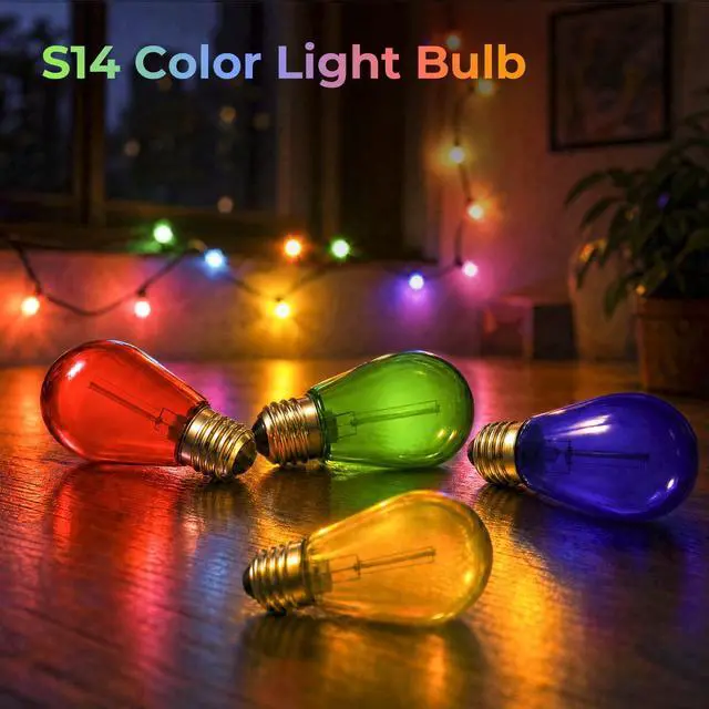 Alt view image 6 of 7 - Colored Light Bulbs 64 Pack, S14 Bulbs for Outdoor String Lights 1W Waterproof Multi-Color LED Edison Replacement Bulbs for Patio Porch Backyard Party Light, E26 Base, Red/Green/Blue/Orange