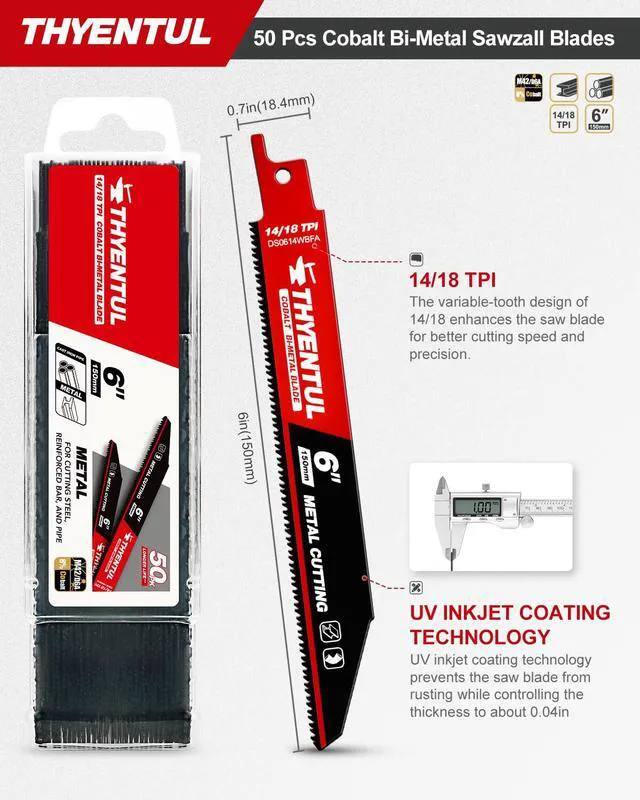 Alt view image 2 of 7 - 50 Pack,6 inch,14/18 TPI,Reciprocating Saw Blade Set,M42 Teeth with Cobalt Bi-Metal Blades, for Automatic Dismantling Sawzall Blades for 1/16-5/16 Medium Metals