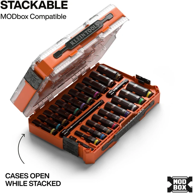 Alt view image 7 of 7 - 65121IMPCT KNECT Deep-Well 3/8-Inch Drive Impact Socket Set, SAE and Metric, 23-Piece Tool Set, Impact Driver Adapter, Multi-Purpose Wrench Adapter, Color-Coded, MODbox Socket Organizer