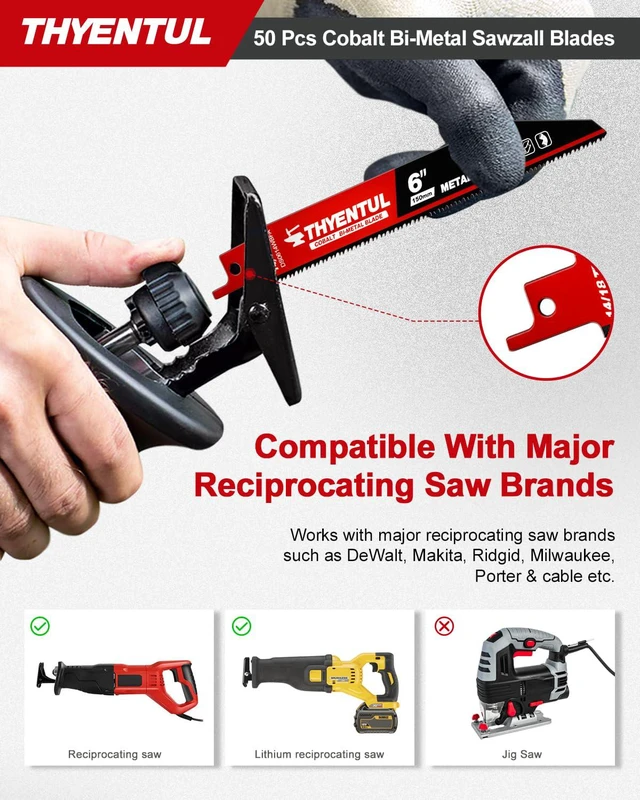 Alt view image 4 of 7 - 50 Pack,6 inch,14/18 TPI,Reciprocating Saw Blade Set,M42 Teeth with Cobalt Bi-Metal Blades, for Automatic Dismantling Sawzall Blades for 1/16-5/16 Medium Metals