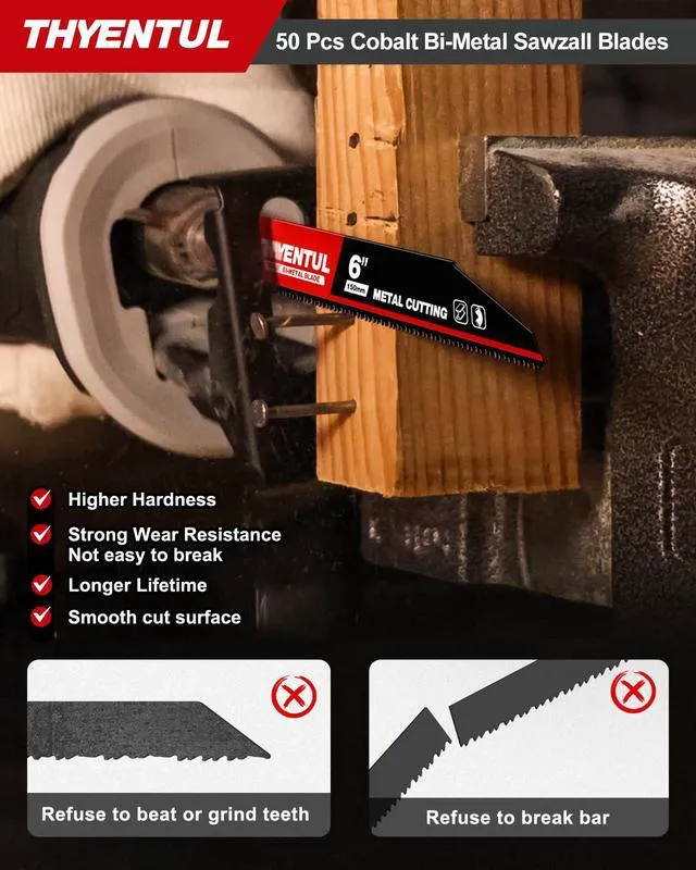Alt view image 5 of 7 - 50 Pack,6 inch,14/18 TPI,Reciprocating Saw Blade Set,M42 Teeth with Cobalt Bi-Metal Blades, for Automatic Dismantling Sawzall Blades for 1/16-5/16 Medium Metals