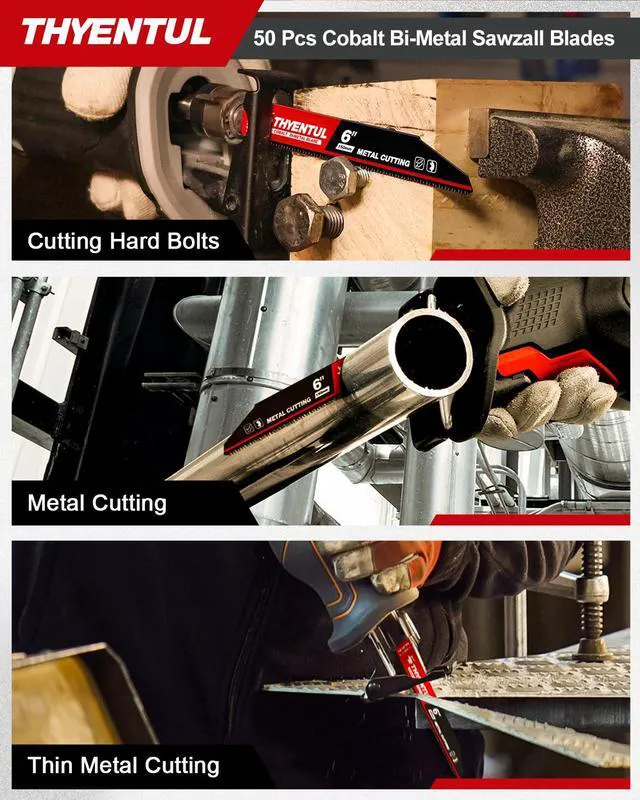 Alt view image 6 of 7 - 50 Pack,6 inch,14/18 TPI,Reciprocating Saw Blade Set,M42 Teeth with Cobalt Bi-Metal Blades, for Automatic Dismantling Sawzall Blades for 1/16-5/16 Medium Metals