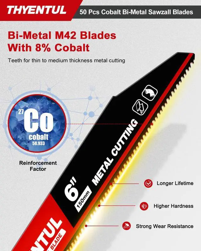 Alt view image 3 of 7 - 50 Pack,6 inch,14/18 TPI,Reciprocating Saw Blade Set,M42 Teeth with Cobalt Bi-Metal Blades, for Automatic Dismantling Sawzall Blades for 1/16-5/16 Medium Metals