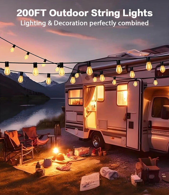 Alt view image 2 of 7 - 200FT LED Outdoor String Lights with Remote, 74+2 Shatterproof Bulbs Dimmable Timing 3 Light Modes Outside Patio Lights for Backyard Porch Deck Garden Balcony Pool party Hanging Lighting Decor
