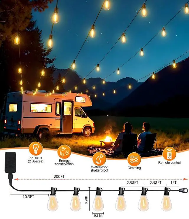 Alt view image 6 of 7 - 200FT LED Outdoor String Lights with Remote, 74+2 Shatterproof Bulbs Dimmable Timing 3 Light Modes Outside Patio Lights for Backyard Porch Deck Garden Balcony Pool party Hanging Lighting Decor