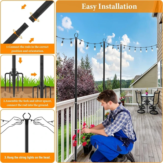 Alt view image 5 of 7 - 6 Pack String Light Poles,10 Ft Light Poles for Outside String Lights,Outdoor Lights Pole with Fork,Metal Poles Stand for Patio Deck Backyard (10FT 6 Pack)