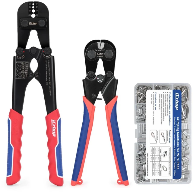 Main image of iCrimp 1608M4 Wire Rope Crimper Kit, 3/64"1/8", w/Cutter & Terminal Case Kit includes crimper, cutter up to 6mm, storage case with 330 aluminum sleeves in 4 sizes & 45 stainless steel thimbles