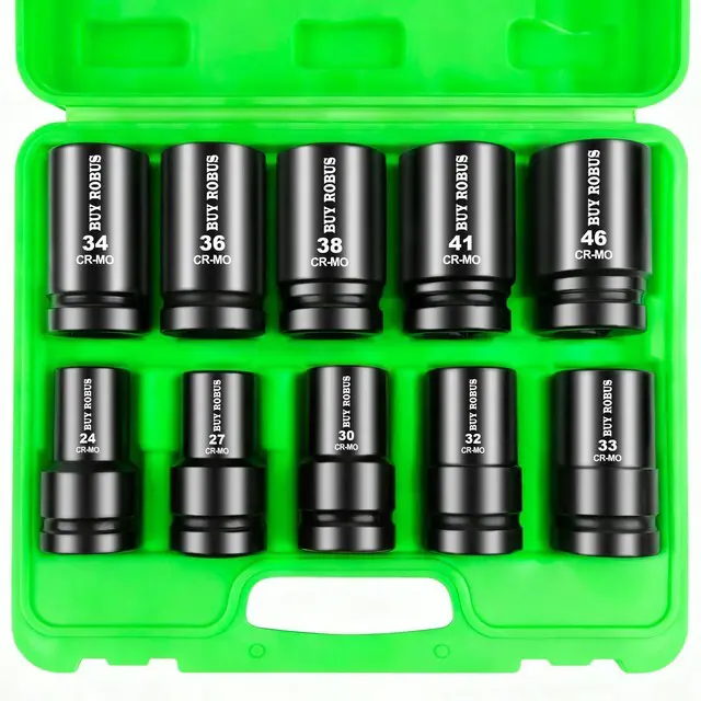 Main image of 10 Pieces 1-Inch Drive Deep Impact Socket Set, 24mm, 27mm, 30mm, 32mm, 33mm, 34mm, 36mm, 38mm, 41mm,46mm CR-MO, Metric, 6-Point, Heavy Duty Wheel Impact Socket Set