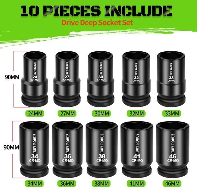 Alt view image 2 of 7 - 10 Pieces 1-Inch Drive Deep Impact Socket Set, 24mm, 27mm, 30mm, 32mm, 33mm, 34mm, 36mm, 38mm, 41mm,46mm CR-MO, Metric, 6-Point, Heavy Duty Wheel Impact Socket Set