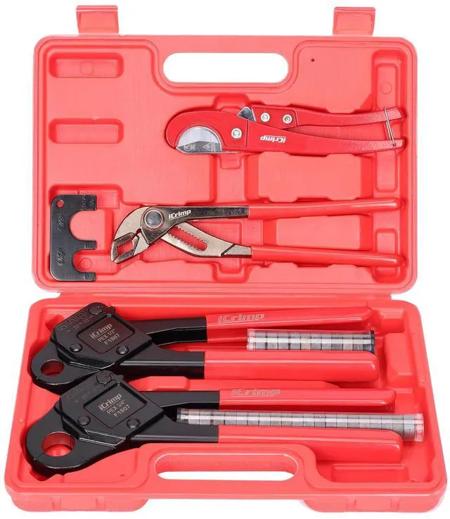 Main image of iCrimp Angle Head F1807 PEX Pipe Crimping Tool with Pliers for Copper Ring 1/2&3/4-inch Two Crimper Set with 9.5" Groove Joint Pliers, PPR Cutter, 20PCS 1/2" and 10PCS 3/4" Copper Rings